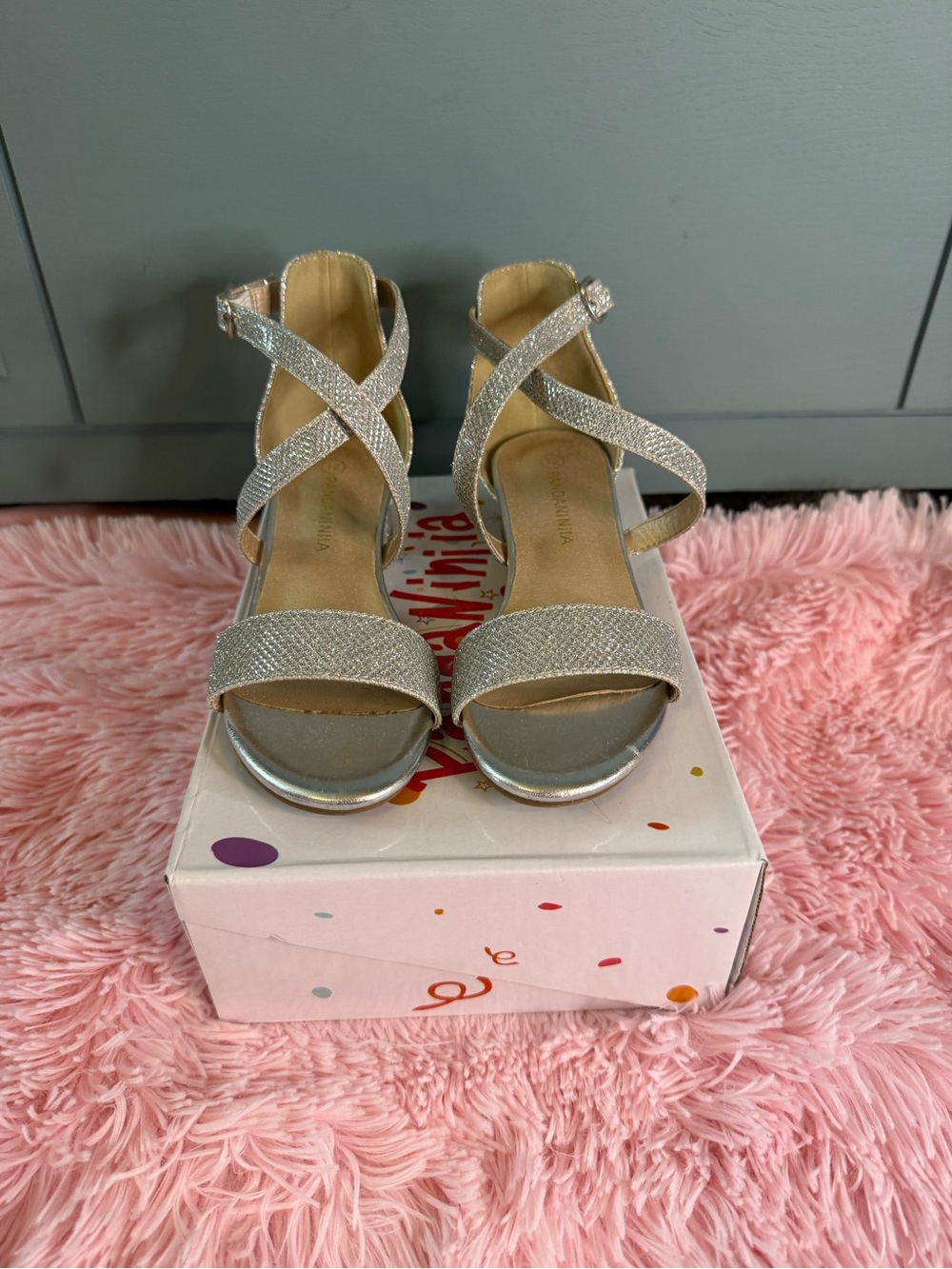 Girls Size 12 Silver Glitter Strappy Sandals